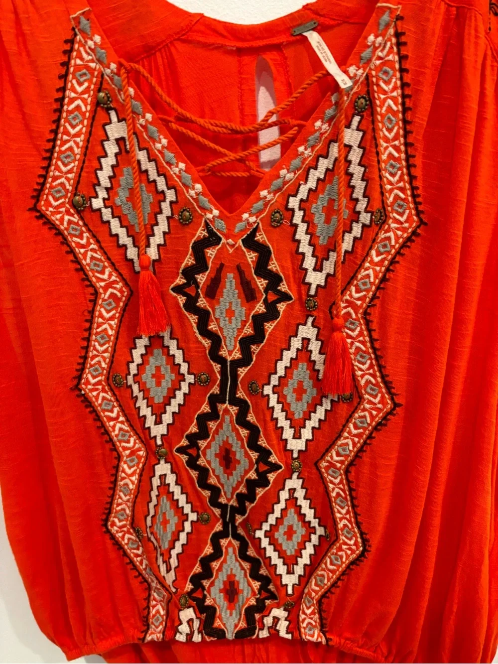 Free People Embroidered Bohemian Tassel Sleeveless Top Open Back Orange Women M